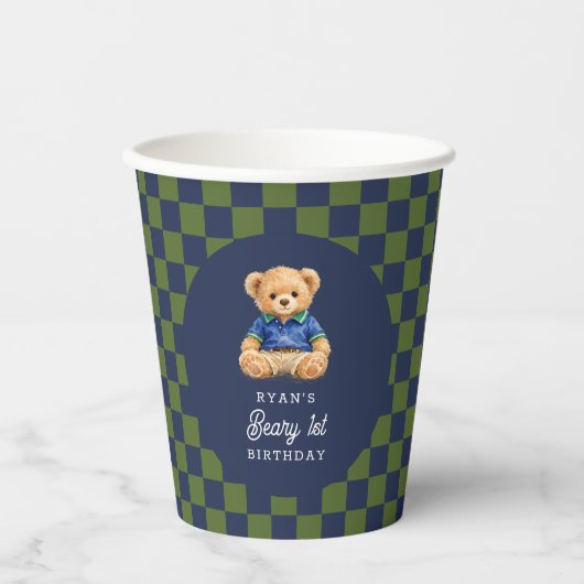 Preppy Beary 1st Birthday Checkboard Papieren Bekers (Voorkant)