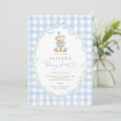 Preppy Beary First Birthday Invitation Kaart (Staand voorkant)