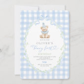 Preppy Beary First Birthday Invitation Kaart (Voorkant)