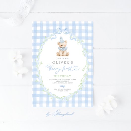 Preppy Beary First Birthday Invitation Kaart