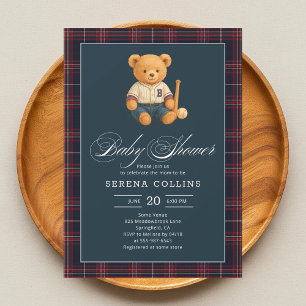 Preppy Beer Baseball Plaid Baby shower Invitation Kaart