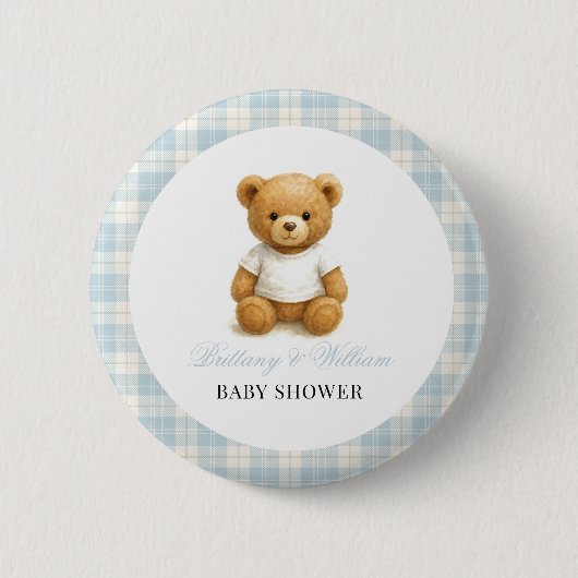 Preppy Beer Designer Blue Plaid Baby shower Ronde Button 5,7 Cm (Voorkant)