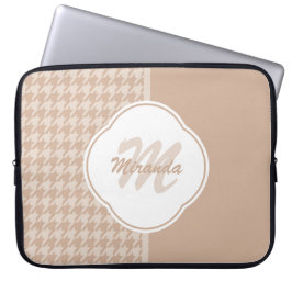 Preppy Beige en Tan Houndstooth Monogram en naam Laptop Sleeve
