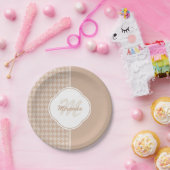 Preppy Beige en Tan Houndstooth Monogram en naam Papieren Bordje (Feest)