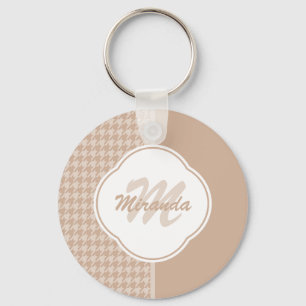 Preppy Beige en Tan Houndstooth Monogram en naam Sleutelhanger