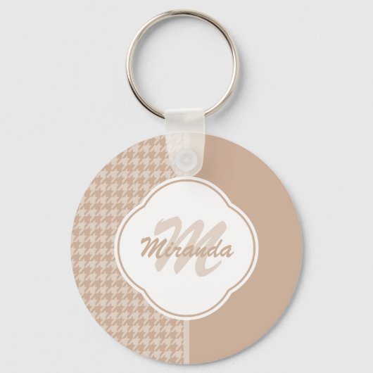 Preppy Beige en Tan Houndstooth Monogram en naam Sleutelhanger (Voorkant)