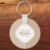 Preppy Beige en Tan Houndstooth Monogram en naam Sleutelhanger (Voorkant)