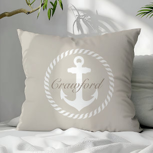 Preppy Beige & Witte Scheepsanker Monogram Kussen