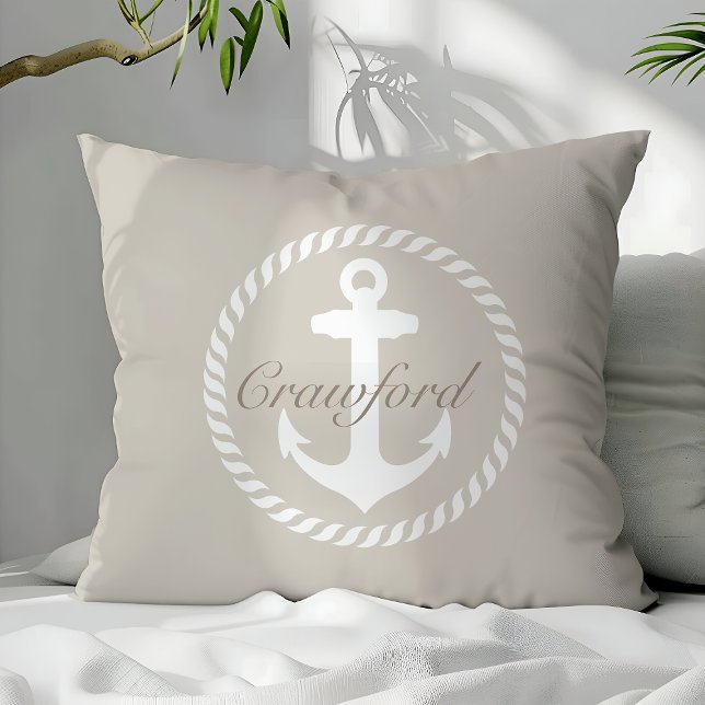 Preppy Beige & Witte Scheepsanker Monogram Kussen (Creator heeft geüpload)