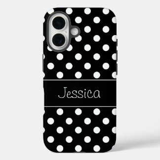 Preppy Black en White Polka Dots gepersonaliseerd iPhone 16 Hoesje