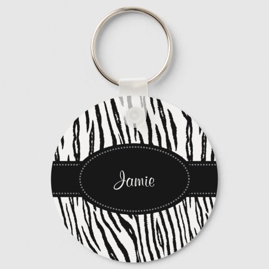Preppy Black en White Tiger Stripes met naam Sleutelhanger (Voorkant)
