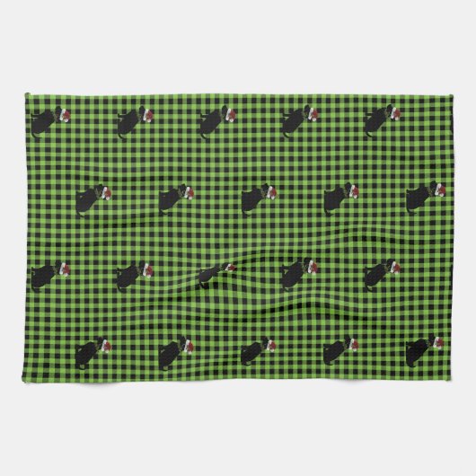 Preppy Black Lab kerst Pattern Green Gingham Theedoek (Horizontaal)