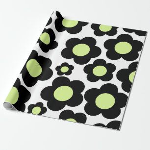 Preppy Black Neon Green Hippie Flower Pattern Cadeaupapier