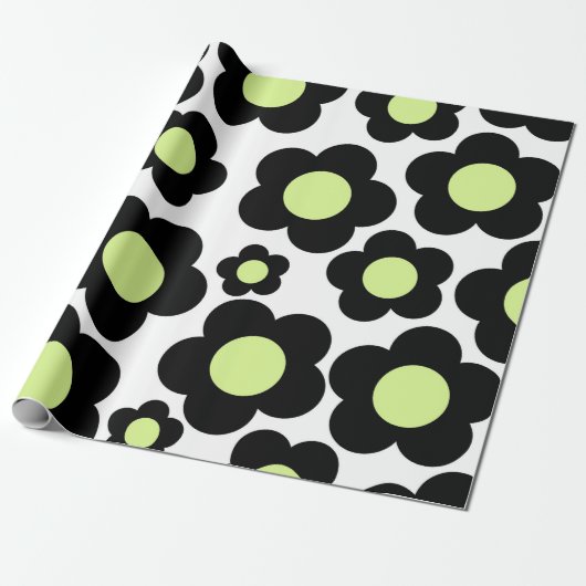 Preppy Black Neon Green Hippie Flower Pattern Cadeaupapier (Uitgerold)