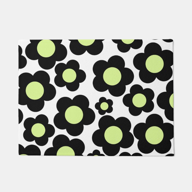 Preppy Black Neon Green Hippie Flower Pattern Deurmat (Voorkant)
