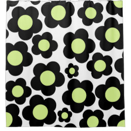 Preppy Black Neon Green Hippie Flower Pattern Douchegordijn