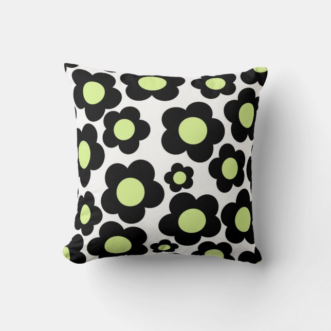 Preppy Black Neon Green Hippie Flower Pattern Kussen (Voorkant)