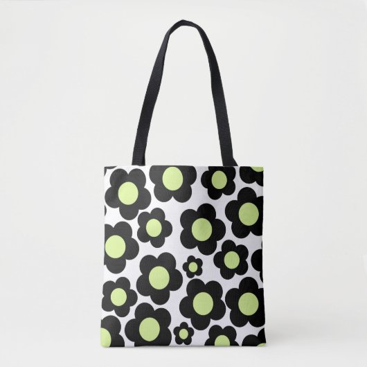 Preppy Black Neon Green Hippie Flower Pattern Tote Bag (Voorkant)
