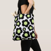 Preppy Black Neon Green Hippie Flower Pattern Tote Bag (Dichtbij)