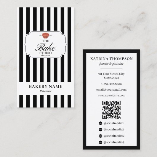 Preppy Black White Stripes Bakery Logo QR Code Visitekaartje (Voorkant / Achterkant)