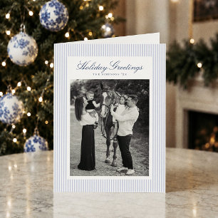 Preppy Blau Gestreepte Kerst Foto Feestdagen Kaart