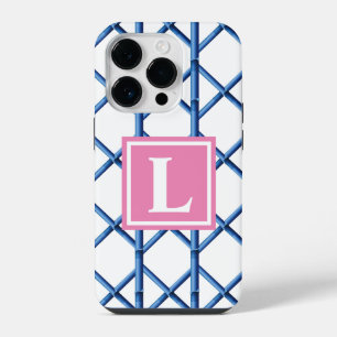 Preppy Blau Trellis Bamboe Patroon Monogram iPhone 14 Plus Hoesje