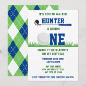 Preppy Blauw en Groen Golf Par-T-shirt 1e Verjaard Kaart (Voorkant / Achterkant)