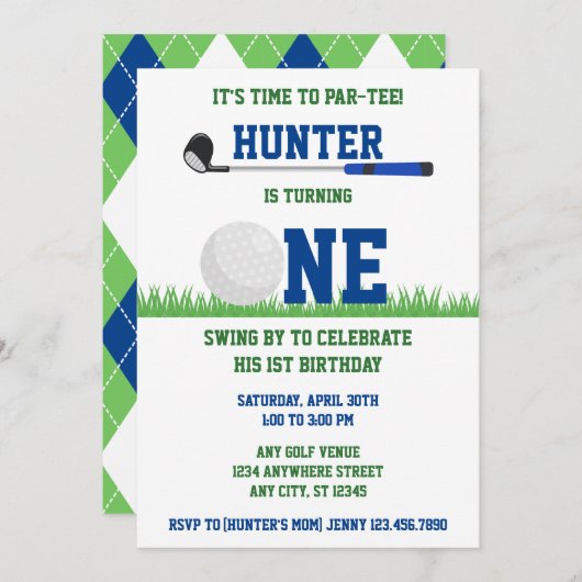 Preppy Blauw en Groen Golf Par-T-shirt 1e Verjaard Kaart (Voorkant / Achterkant)