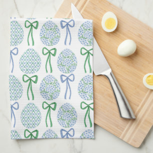 Preppy Blauw en Groen Pasen Bogen en Eieren Theedoek