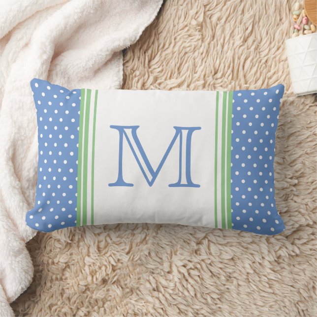 Preppy Blauw en Groen Polka Dot Monogram Kussen (Deken)