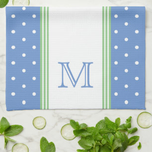 Preppy Blauw en Groen Polka Dot Monogram Theedoek
