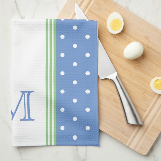 Preppy Blauw en Groen Polka Dot Monogram Theedoek (Quarter Fold)