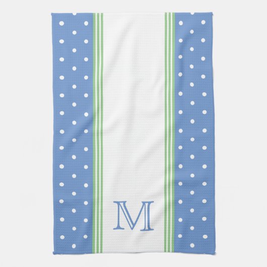 Preppy Blauw en Groen Polka Dot Monogram Theedoek (Verticaal)