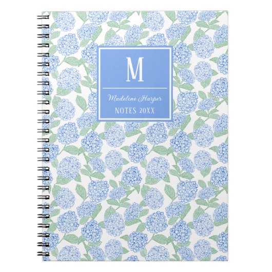 Preppy Blauw en Groene Hortensia Monogram Notitieboek (Voorkant)