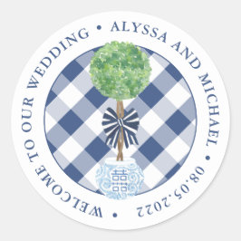 Preppy blauw en wit boxwood bruiloft welkom ronde sticker