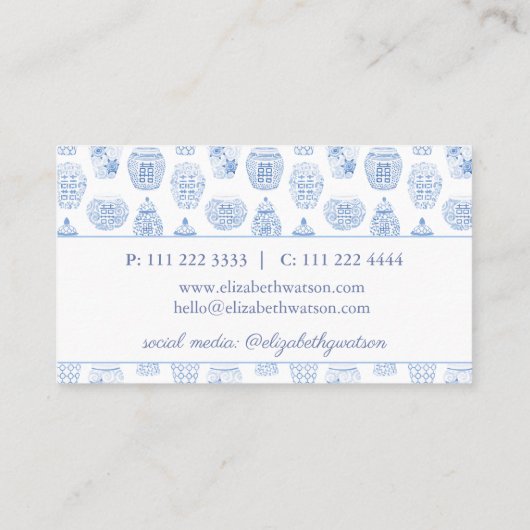 Preppy blauw en wit gember potje visitekaartje (Achterkant)