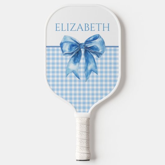 Preppy blauw en wit geruit met strik pickleball paddle (Voorkant)