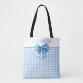 Preppy blauw en wit geruit met strik tote bag (Voorkant)