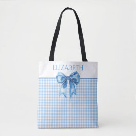 Preppy blauw en wit geruit met strik tote bag