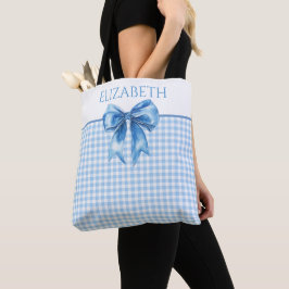 Preppy blauw en wit geruit met strik tote bag