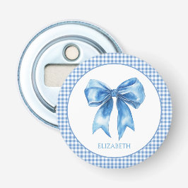 Preppy blauw en wit gingham en boog button flesopener