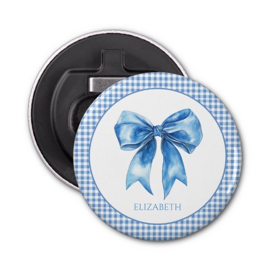 Preppy blauw en wit gingham en boog button flesopener (Voorkant)