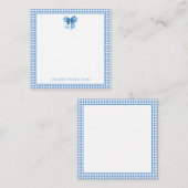 Preppy blauw en wit gingham en boog notitiekaartje (Voorkant / Achterkant)