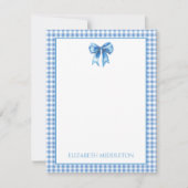 Preppy blauw en wit gingham en boog notitiekaartje (Voorkant)