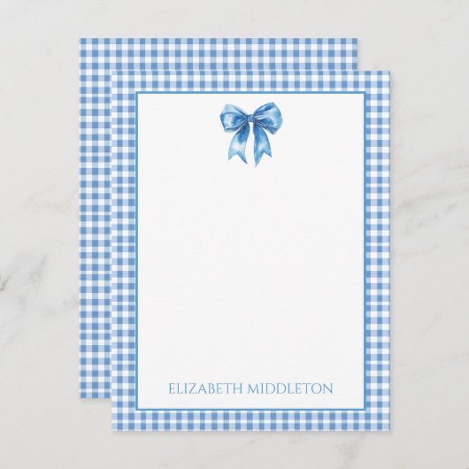 Preppy blauw en wit gingham en boog notitiekaartje (Voorkant / Achterkant)