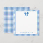 Preppy blauw en wit gingham en boog notitiekaartje (Voorkant / Achterkant)