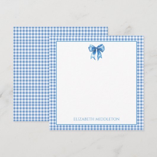 Preppy blauw en wit gingham en boog notitiekaartje (Voorkant / Achterkant)