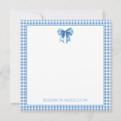 Preppy blauw en wit gingham en boog notitiekaartje (Voorkant)