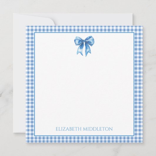 Preppy blauw en wit gingham en boog notitiekaartje (Voorkant)