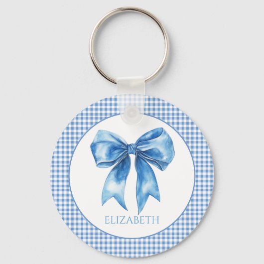 Preppy blauw en wit gingham en boog sleutelhanger (Voorkant)